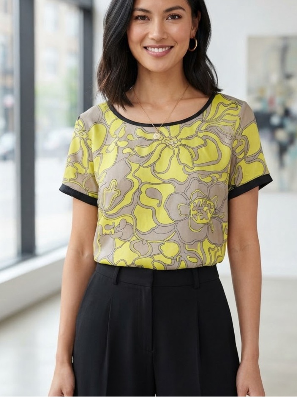 Betsey Johnson Neon Yellow & Taupe Floral Short Sleeve Top with Black Trim